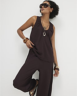 Brown Cotton Blend Textured V Neck Top | River Island UK & IE