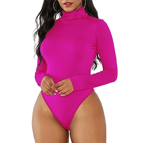 Hot Pink Bodysuit for Women Long Sleeve Leotard Neon Turtleneck Mock Turtle Neck Body Suit Shapewear Tops Rose Red M | Amazon (US)