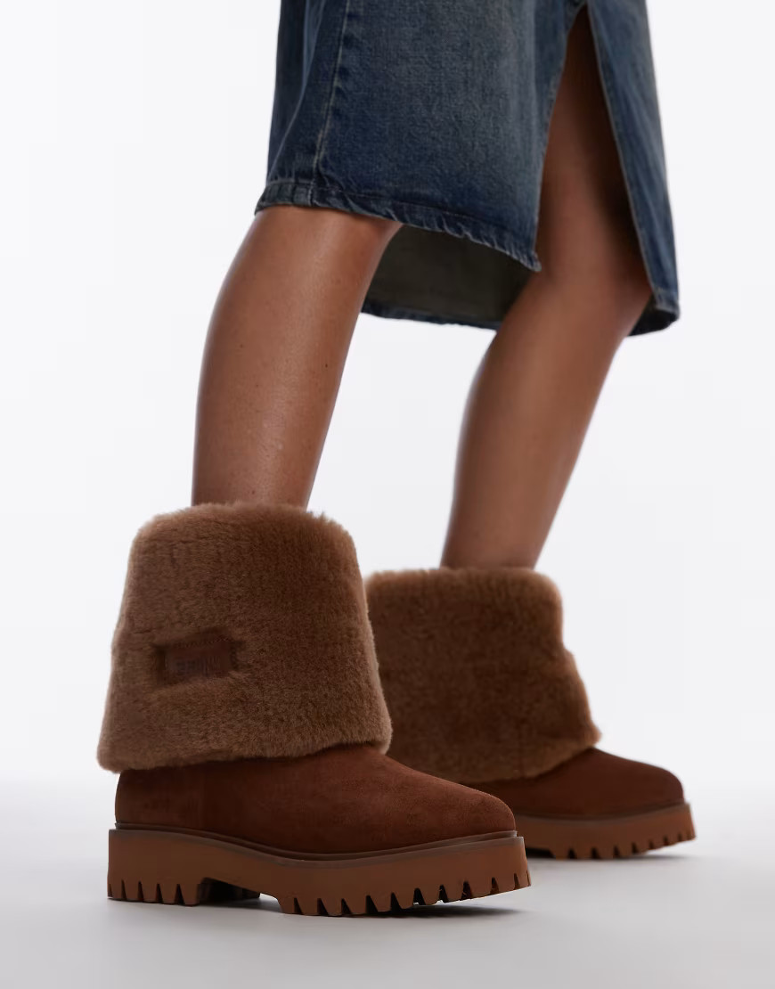 Bronx Groov-y shearling fold over ankle boots in cognac suede-Brown | ASOS (Global)