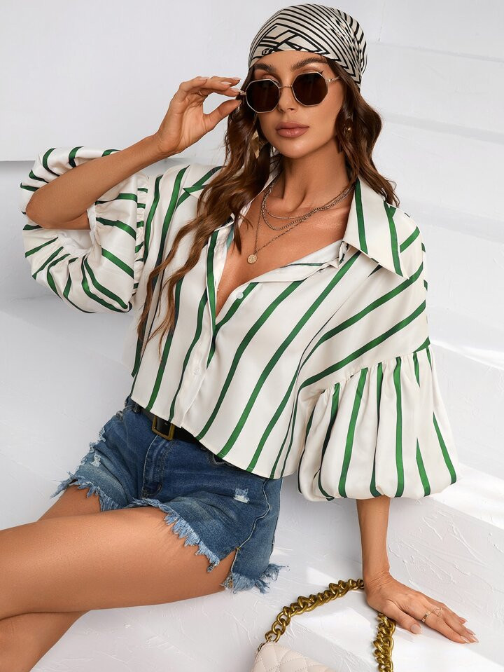 SHEIN Privé Striped Print Lantern Sleeve Shirt | SHEIN