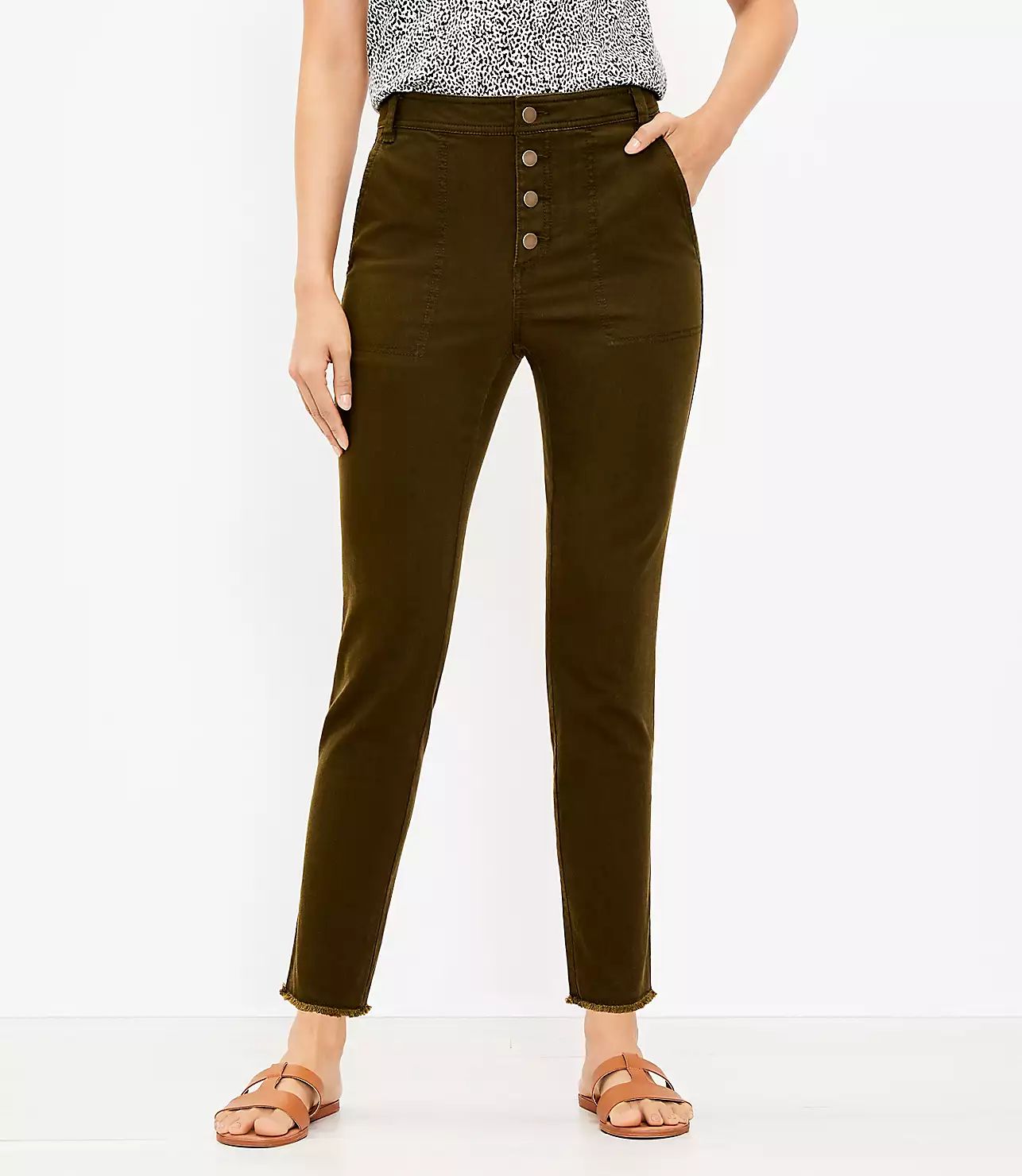 Button Front High Rise Skinny Ankle Pants | LOFT