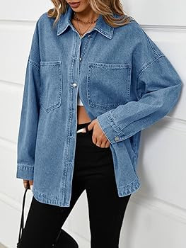 Tankaneo Womens Oversized Denim Shirt Jacket Button Down Long Sleeve Fall Casual Jean Shackets | Amazon (US)