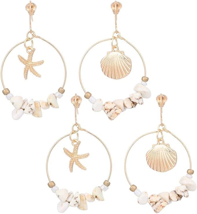 2 pairs Summer Women Boho Jewelry Gold Plated Shell Ear Studs Alloy Starfish Dangle Circle Drop E... | Amazon (US)