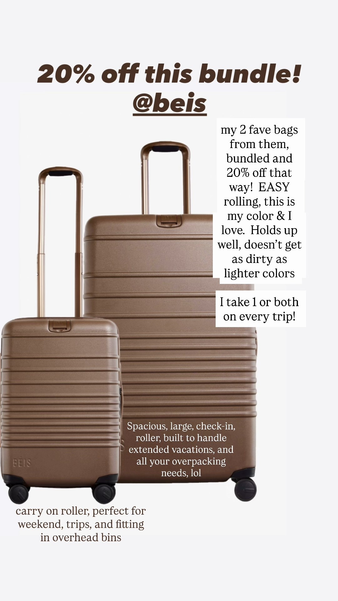 Long weekend event! 

20% off my two favorite bags from @beistravel !!
The carry-on, and the large checked roller bag ￼

#LTKdayinmylife #LTKOver40 #LTKTravel
