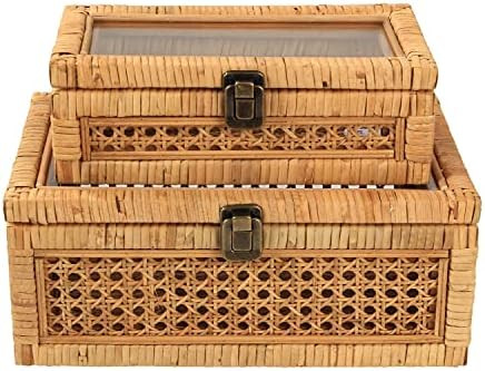 HUAXIN CRAFT H Rattan Box with Lids, Rectangular Woven Case with Glass for Display, Set of 2 Wick... | Amazon (US)