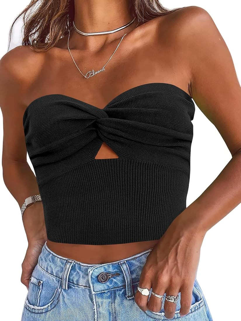 ANRABESS Women Strapless Crop Tube Top Sexy Ribbed Knit Cutout Twisted Knot Front Sleeveless Y2K ... | Amazon (US)