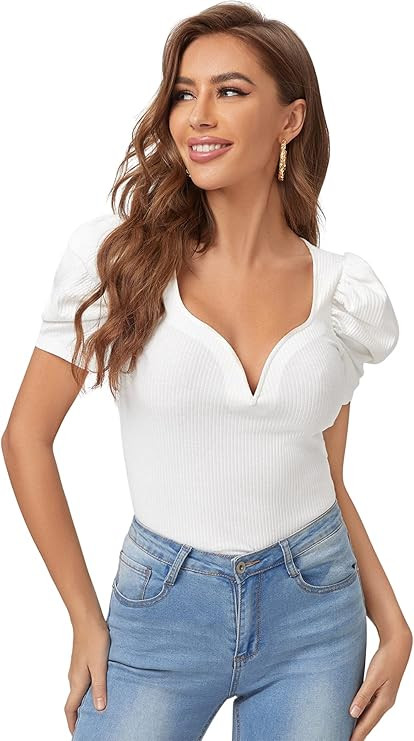SheIn Women's Sweetheart Neck Puff Short Sleeve Blouse Rib Knit Elegant Tops Shirt | Amazon (US)