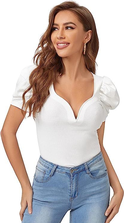SheIn Women's Sweetheart Neck Puff Short Sleeve Blouse Rib Knit Elegant Tops Shirt | Amazon (US)