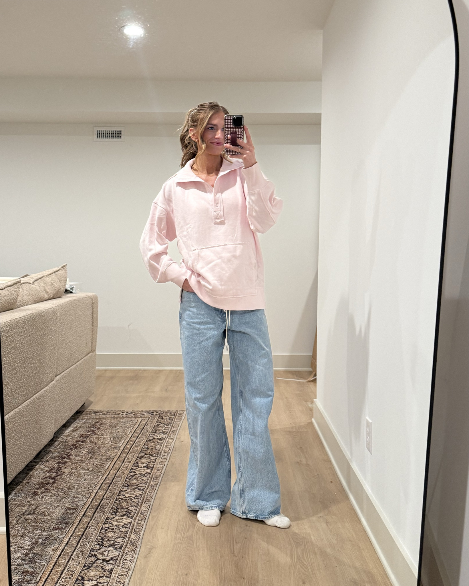 Today’s outfit! Bump friendly, tall girl friendly, and love how comfy it is. 
Sweatshirt: runs oversized. Still wearing medium for length 
Jeans: run bigger. I size down to 26 long pre-pregnancy and I wear a 28 long pregnant 

#LTKTall #LTKootd #LTKBump