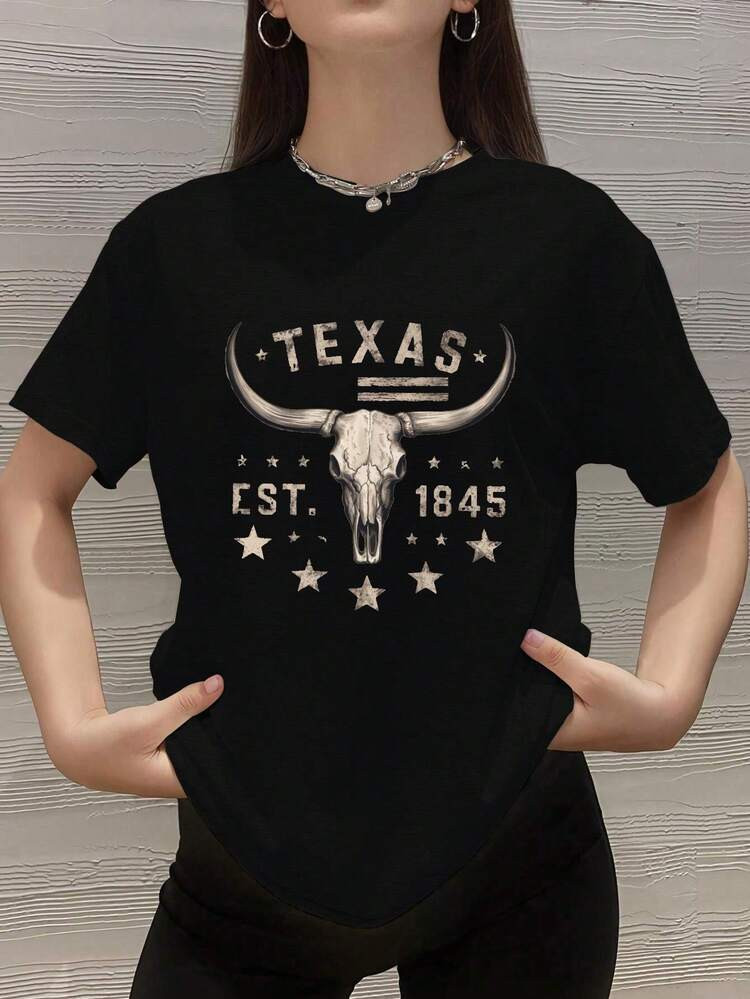 TEXAS Longhorn Steer Skull Women's Plus Size Sports Short Sleeve T-Shirt | SHEIN