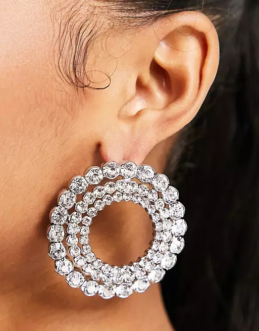 True Decadence chunky circle rhinestone earrings in silver | ASOS (Global)