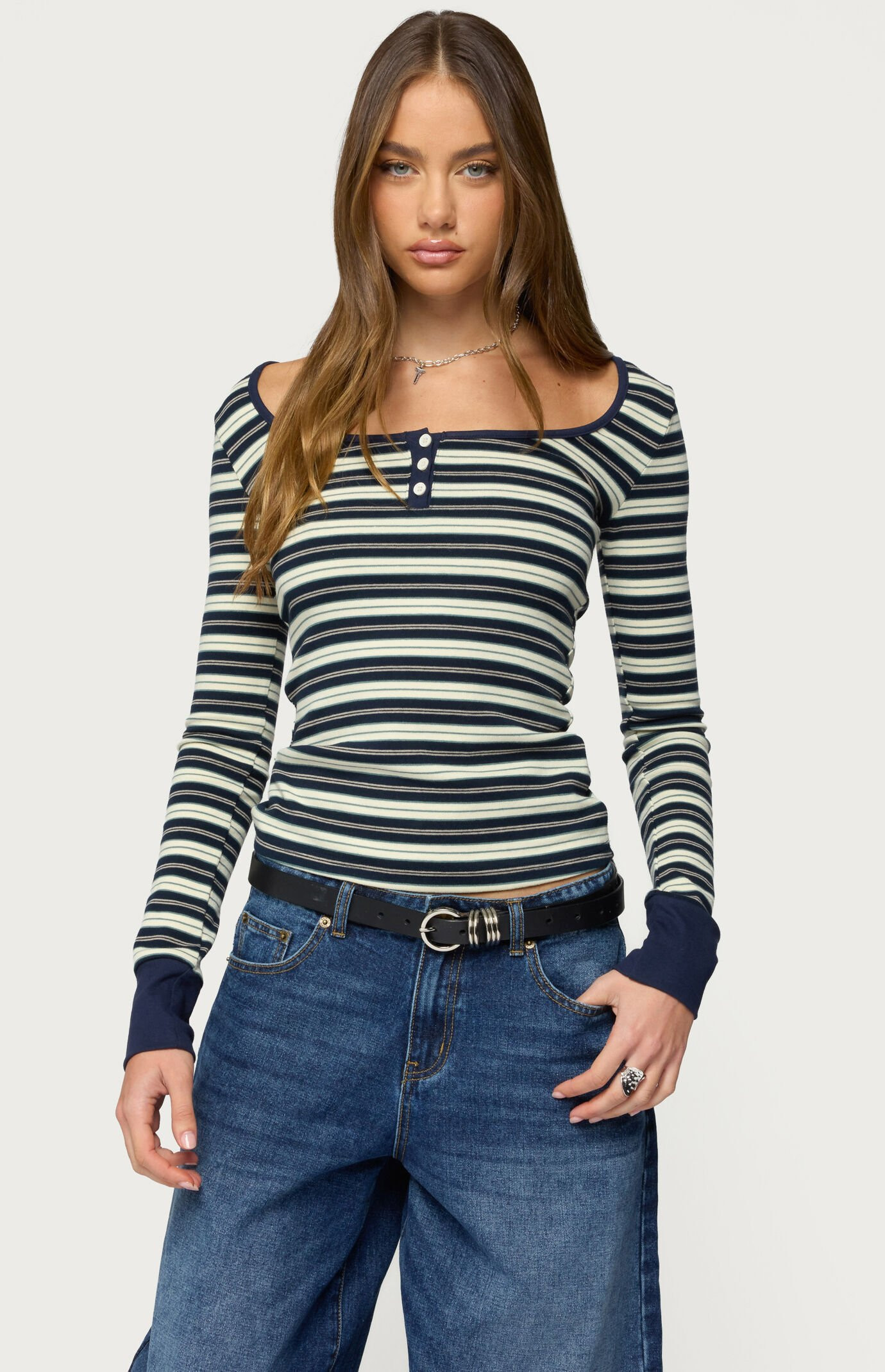 Edikted Women's Jaida Striped Henley Top in Blue - Size XS | PacSun