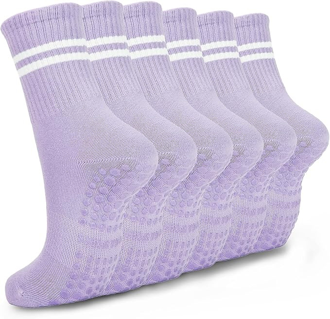 6 Pairs Pilates Socks with Grips for Women, Non-Slip Yoga Striped Crew Socks for Barre Hospital W... | Amazon (US)