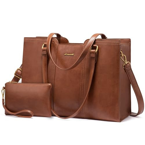LOVEVOOK 15.6 inch Laptop Bag for Women - Waterproof Work Bag for Women & Vintage Laptop tote Bag with Wristlet, Brown | Amazon (US)