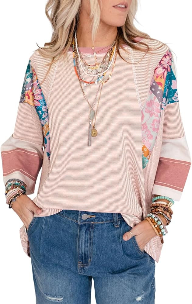 EVALESS Boho Tops for Women Dressy Casual Spring 3/4 Length Sleeve Crewneck Patchwork Striped Ove... | Amazon (US)