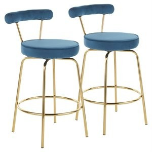 LumiSource Rhonda 25.5" Velvet and Steel Counter Stool in Gold/Blue (Set of 2) | Cymax