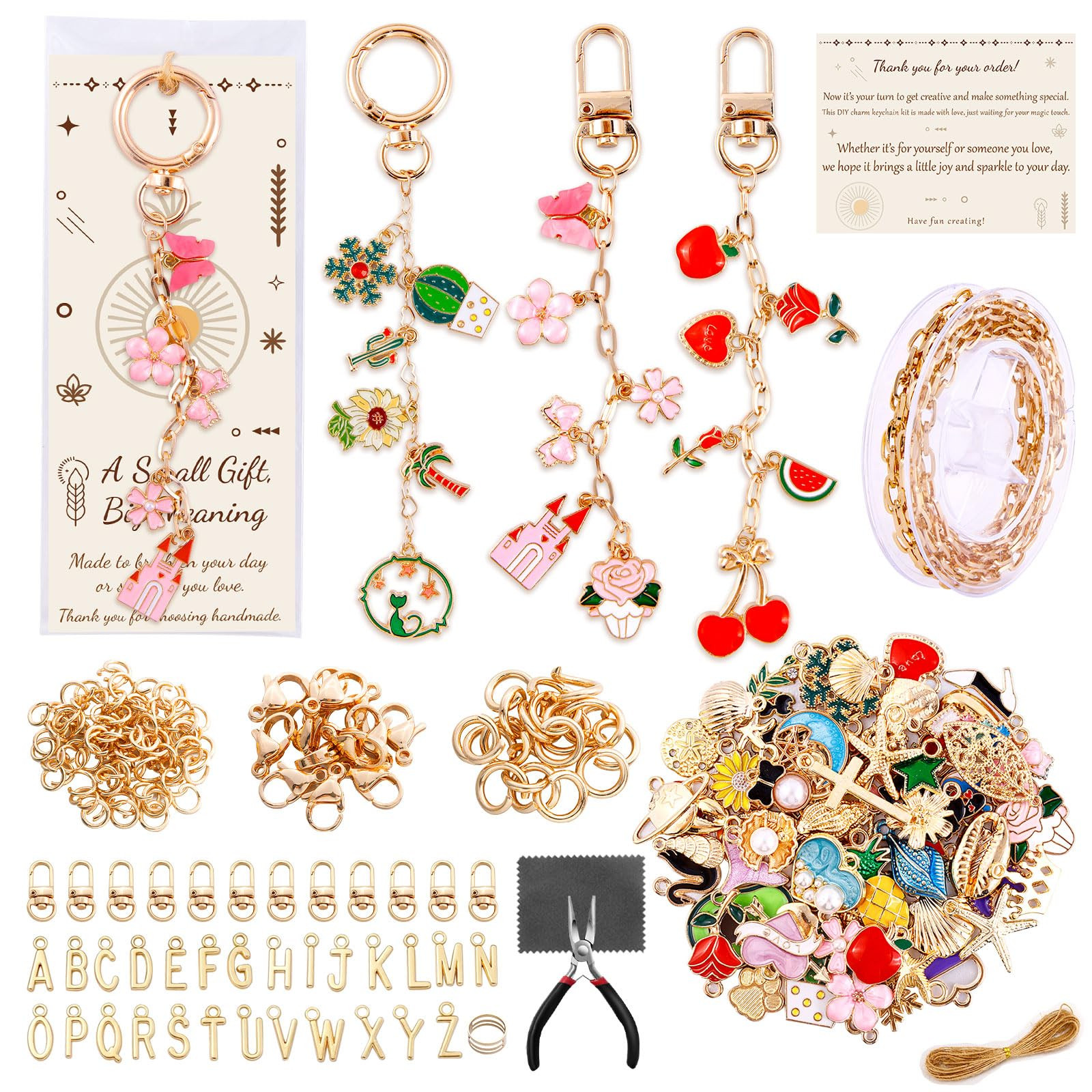 TOHONGADON 285 Pcs Keychain Making Kit, Bag Charm Kit with 92 Charms, 22 Keychain Clips, Key Ring Jewelry Plier, Extender Chain, Letter Beads for DIY Crafting and Jewelry Making | Amazon (US)