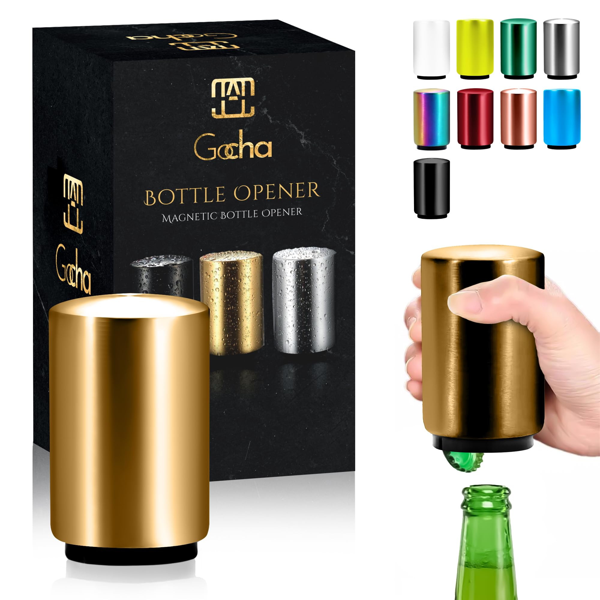 | Magnetic Bottle Opener | Bottle Cap Opener | Automatic Magnetic Beer Opener | Stainless Steel Magneitc Bottle Cap Catcher | Push & Pull Magnet Bottle Opener | Pack of 1 (Gold) | Amazon (US)