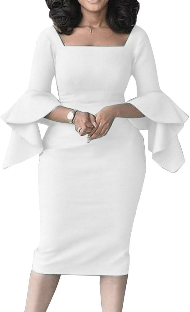 Cololura Women Three-Quarter Sleeve Flared Mid-Calf Elegant High Waist Formal Bodycon Midi Dress | Amazon (US)
