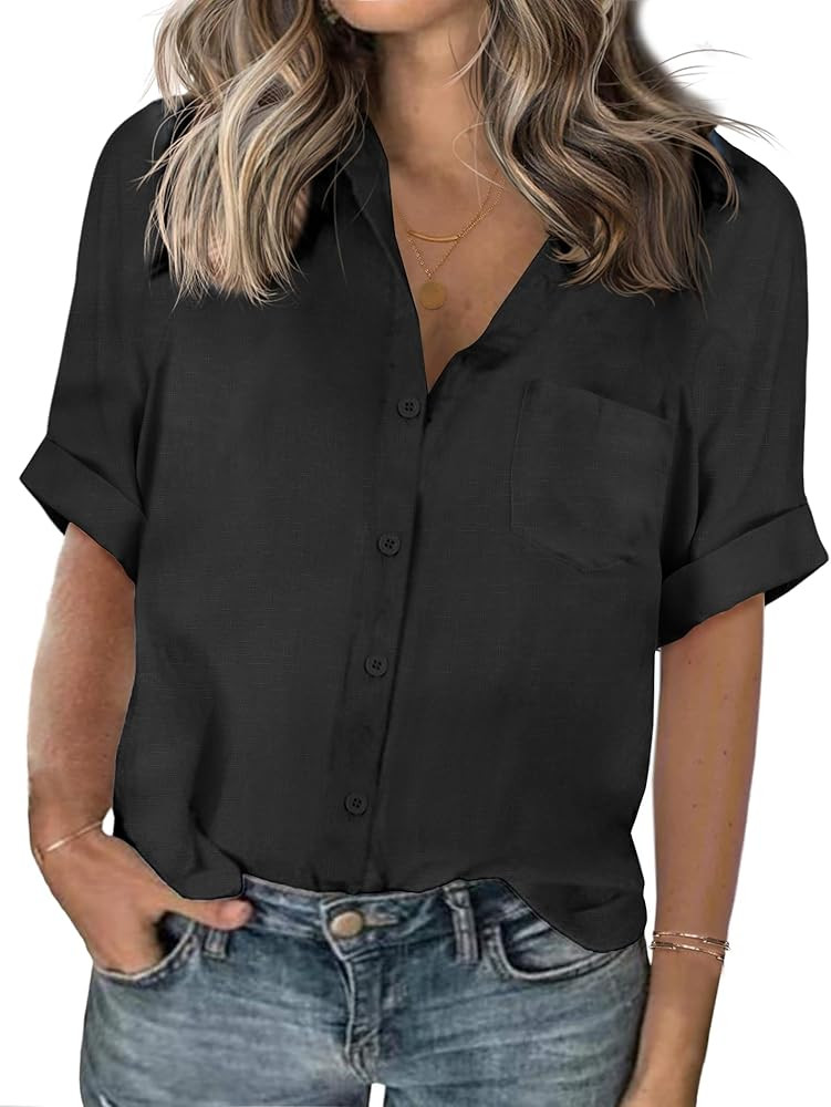 IN'VOLAND Womens Plus Size Shirts Short Sleeve Button Down Shirts V Neck Casual Blouses Tops | Amazon (US)