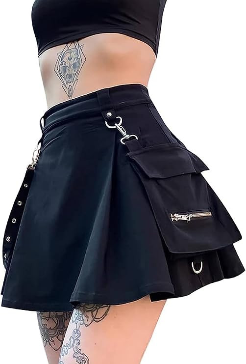 Ruolai Goth Black Pleated Mini Skirt with Chain High Waisted Tennis Skirt | Amazon (US)