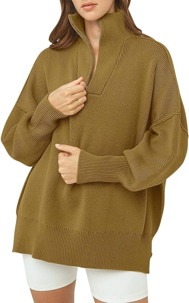 LOGENE Women's 1/4 Zipper Sweatshirt Long Sleeve Oversized Slit Side Knit Pullover Sweaters | Amazon (US)