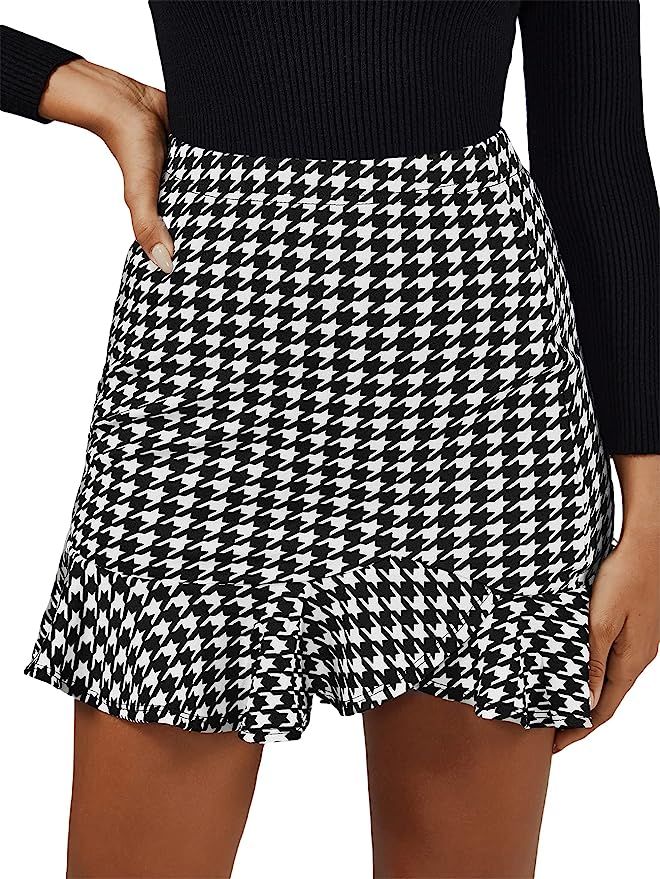 SheIn Women's Houndstooth Print High Waist Ruffle Hem Mini Skirt | Amazon (US)