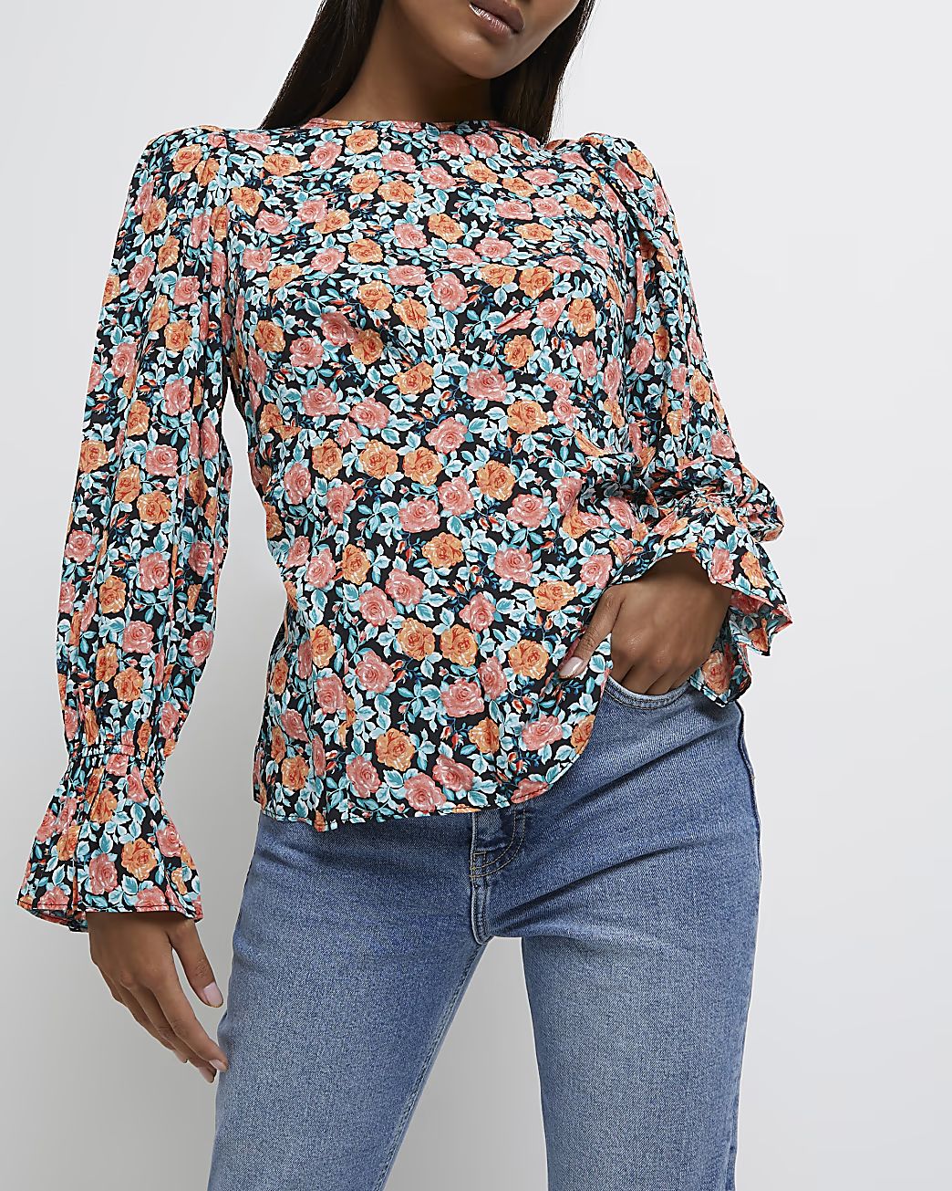 River Island Womens Petite Black floral top | River Island (UK & IE)