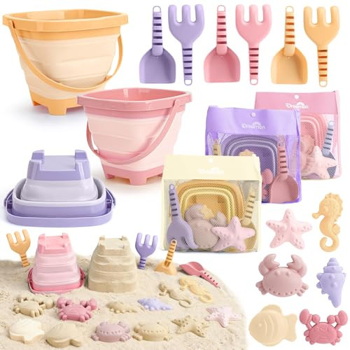 3 Pack Beach Toys Set for Kids Toddlers Girls, Collapsible Sand Buckets with Beach Molds and Mesh Bag, Sandbox Travel Toys Beach Vacation Essentials, Camping Gear, Fishing (Purple/Pink/Yellow) | Amazon (US)