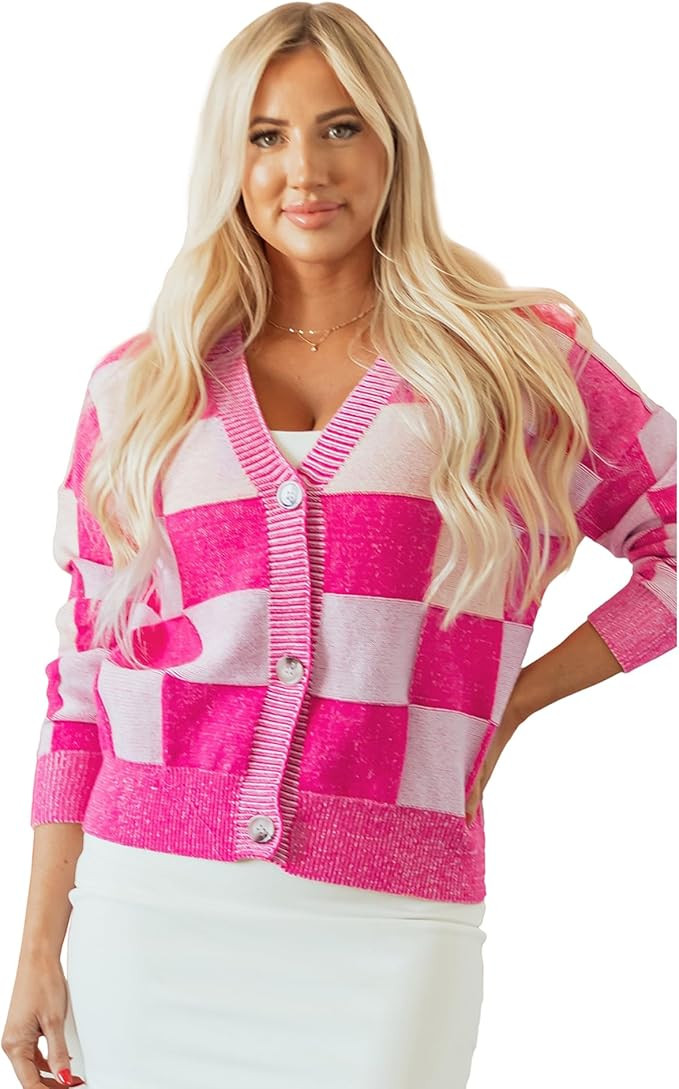 Wolddress Women's Sweater Pink Checkered Drop Shoulder Buttoned V Neck Long Sleeve Casual Plaid C... | Amazon (US)