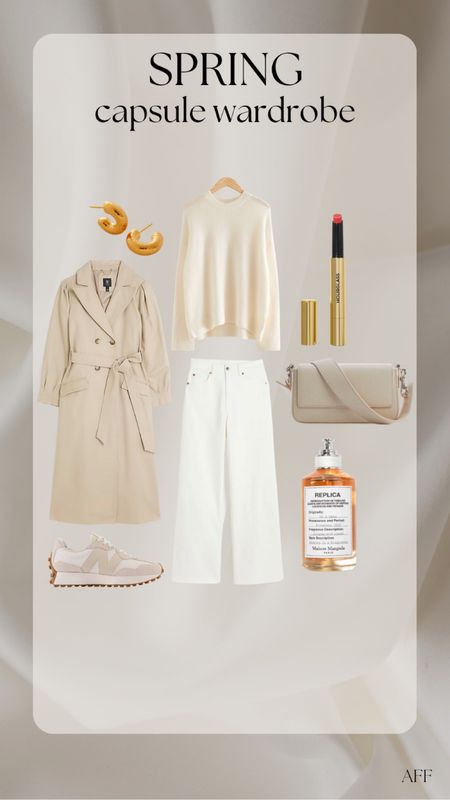 Spring capsule wardrobe outfit ideas - H&M white wide leg jeans, & other stories cream soft jumper, river island long trench coat, mango cream crossbody bag, new balance 327 beige trainers, gold chunky hoop earrings, replica on a date perfume & hourglass glossy balm lipstick  

#LTKSeasonal #LTKstyletip #LTKeurope