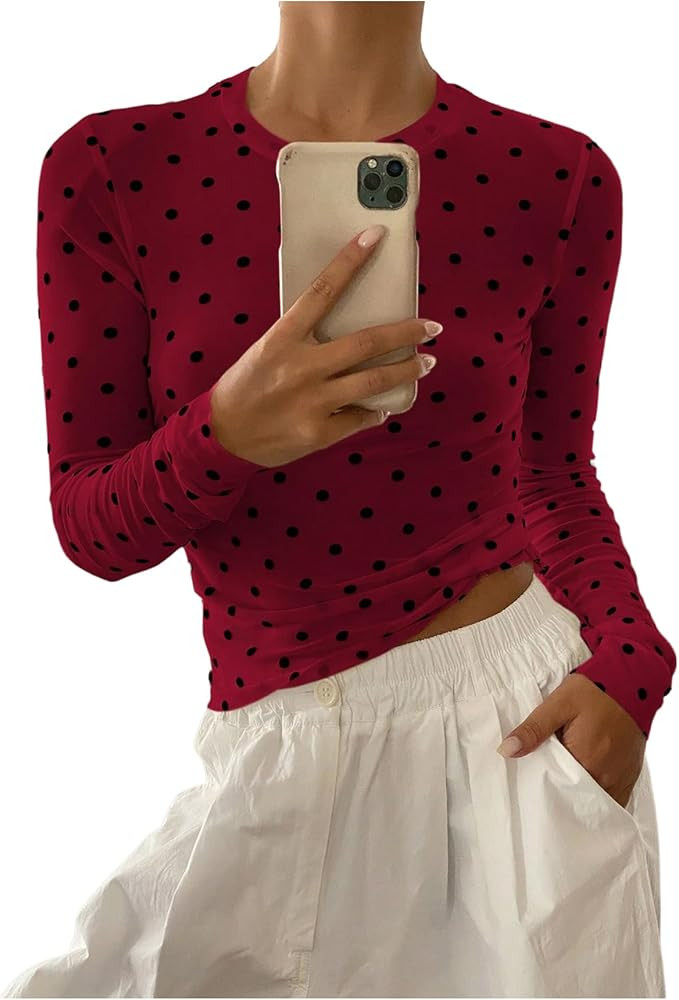 SHENHE Women's Polka Dots Sheer Mesh T Shirt Round Neck Slim Fitted Streetwear Top | Amazon (US)