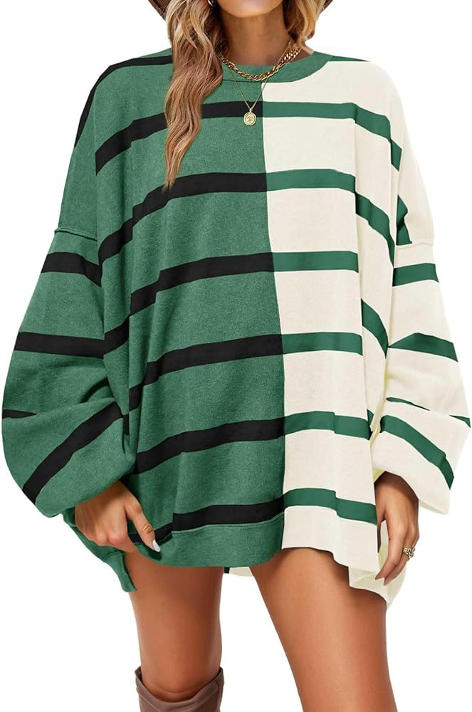 Fisoew Womens Striped Pullover Sweater Crew Neck Long Sleeve Knitted Color Block Casual Loose Lig... | Amazon (US)