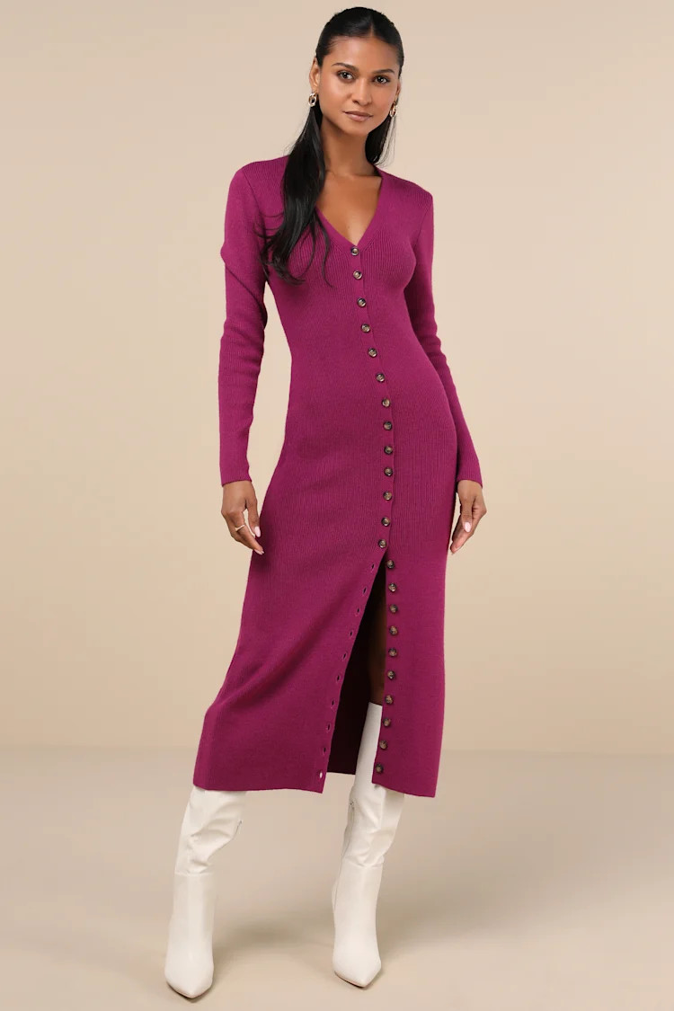 Cold Weather Crush Purple Button-Up Sweater Midi Dress | Lulus