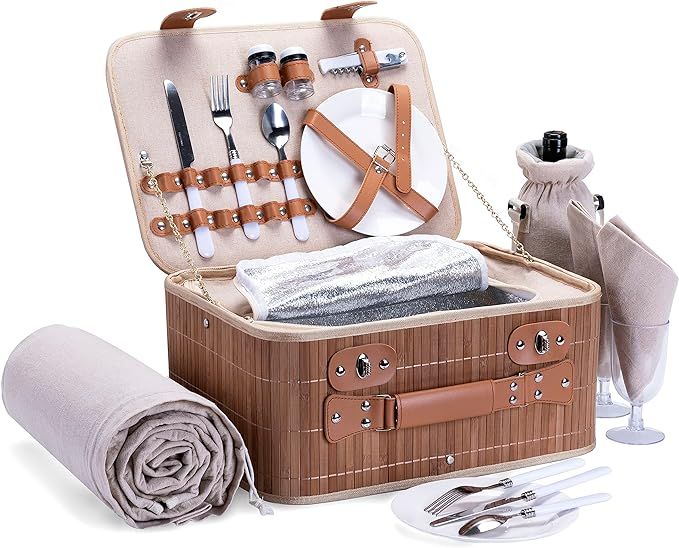 Picnic Basket Set for 2 with Waterproof Blanket Insulated Wine Pouch Hamper with Cutlery for Two ... | Amazon (US)