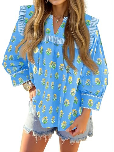 Tankaneo Womens Floral Babydoll Blouse Puff Sleeve Peplum Tops Casual Ruffle V Neck Flowy Boho Cute Shirts Blue | Amazon (US)