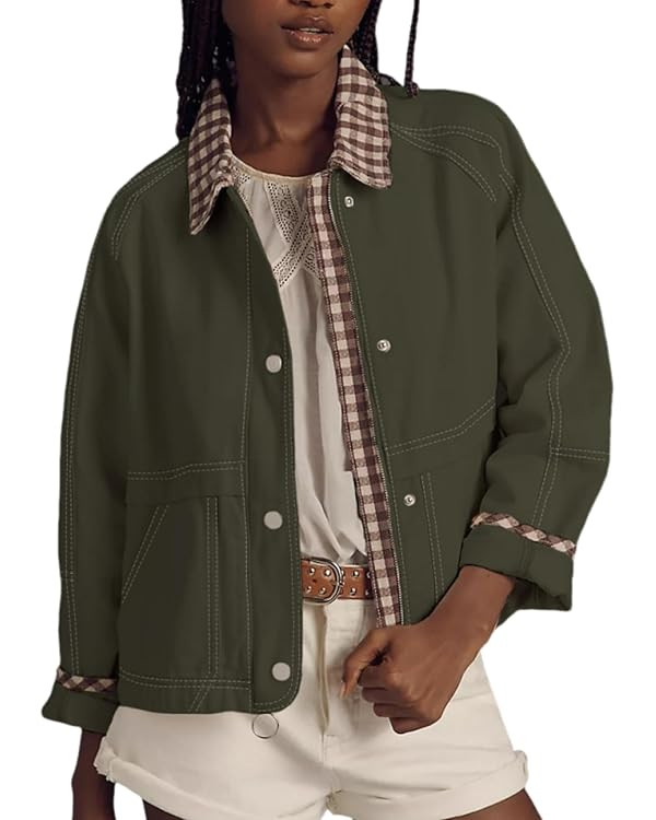 VAOYIU Women Casual Button Front Jacket Loose Plaid Cuffs Collar Trendy Coat with Pockets Spring ... | Amazon (US)