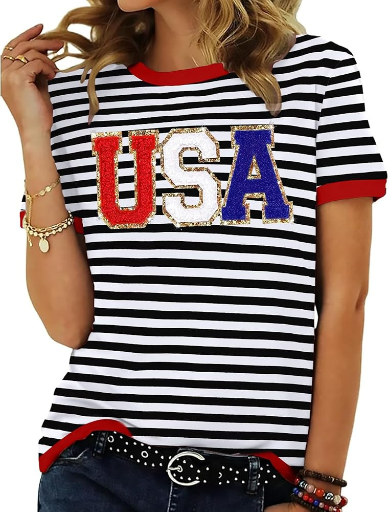 Women 4th of July Shirt Fourth of July Shirts USA Sequin Tshirt American Patriotic Short Sleeve T... | Amazon (US)