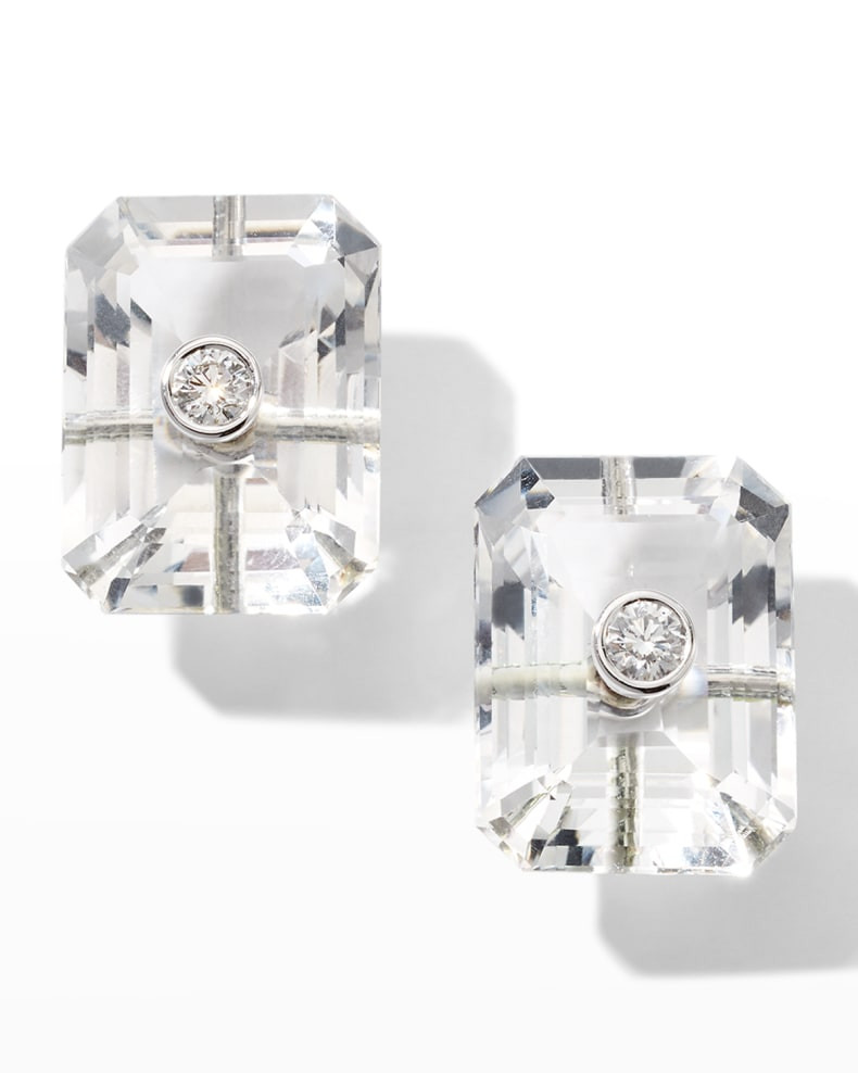 Prince Dimitri Jewelry 18K White Gold Emerald-Cut Rock Crystals and 2 Round Diamond Earrings | Neiman Marcus
