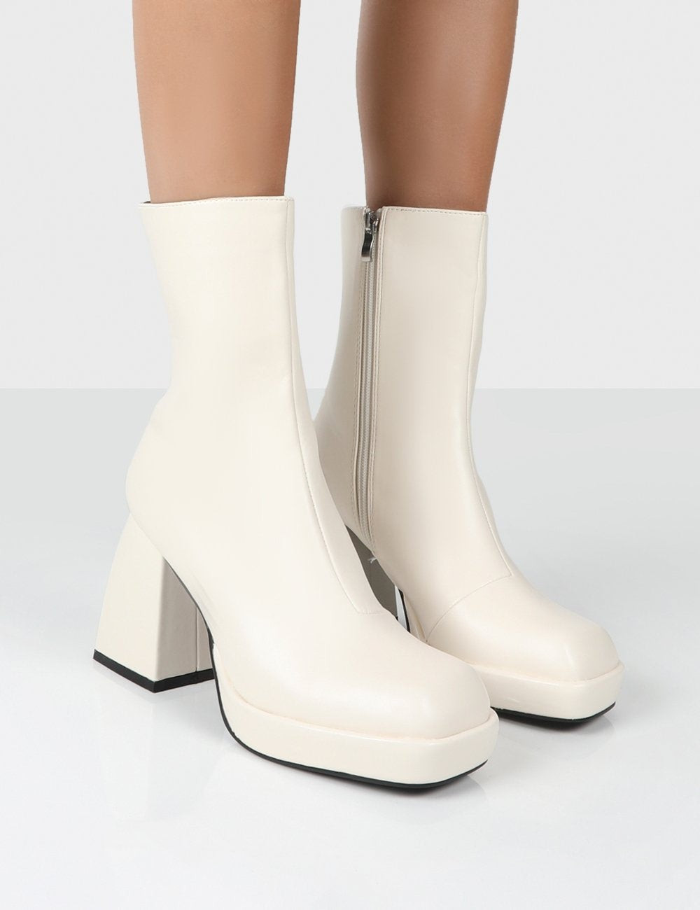 CLOVER ECRU PU CHUNKY HEEL ANKLE BOOTS | Public Desire (US & CA)