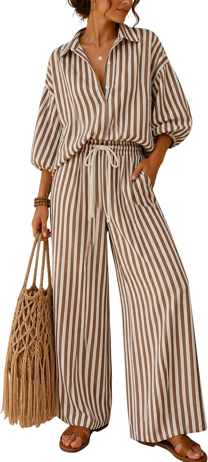 Tanming Women's Striped Matching Sets 2 Piece Fall Outfits(Brown-M) | Amazon (US)