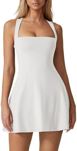 QINSEN Womens Square Neck Tennis Dress Sleeveless Built in Shorts Golf Athletic Dress with Pocket... | Amazon (US)