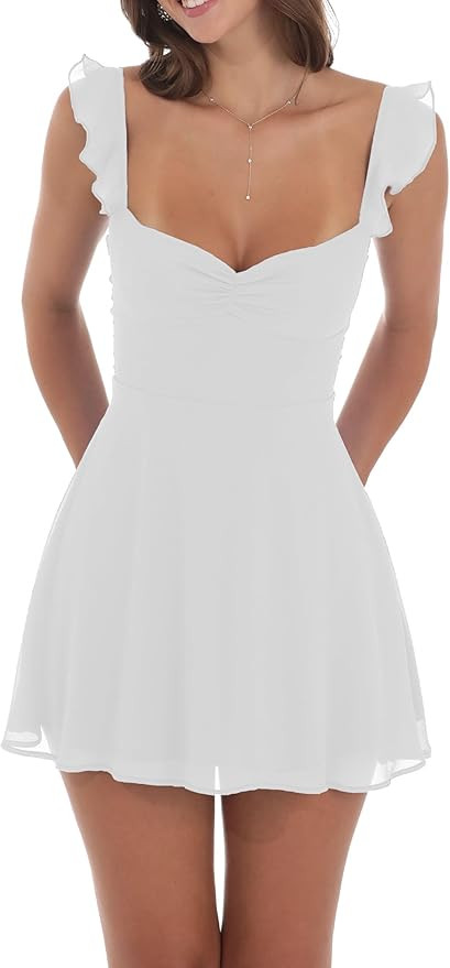 UAURORAO Women Y2k Lace Mini Dress Ruffle Strap Short Formal Grad Dress Lace Up Backless A Line C... | Amazon (US)