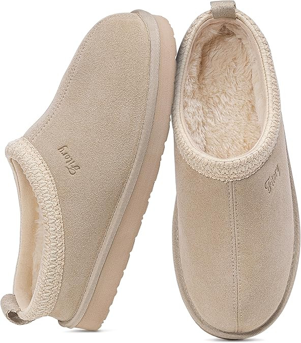 FITORY Women's Suede Slipper, Flat Slip On House Shoes with Faux Fur Lining Indoor Outdoor Short ... | Amazon (US)