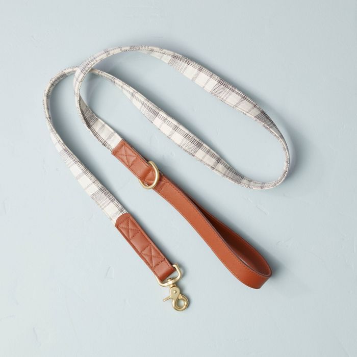 Neutral Plaid with Leather Accent Pet Leash Gray/Cream - Hearth & Hand™ with Magnolia | Target