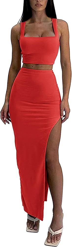 ELLEVEN Two Piece Maxi Skirt Sets for Women, Square Neck Tank Tops with High Side Slit Dress Sets... | Amazon (US)