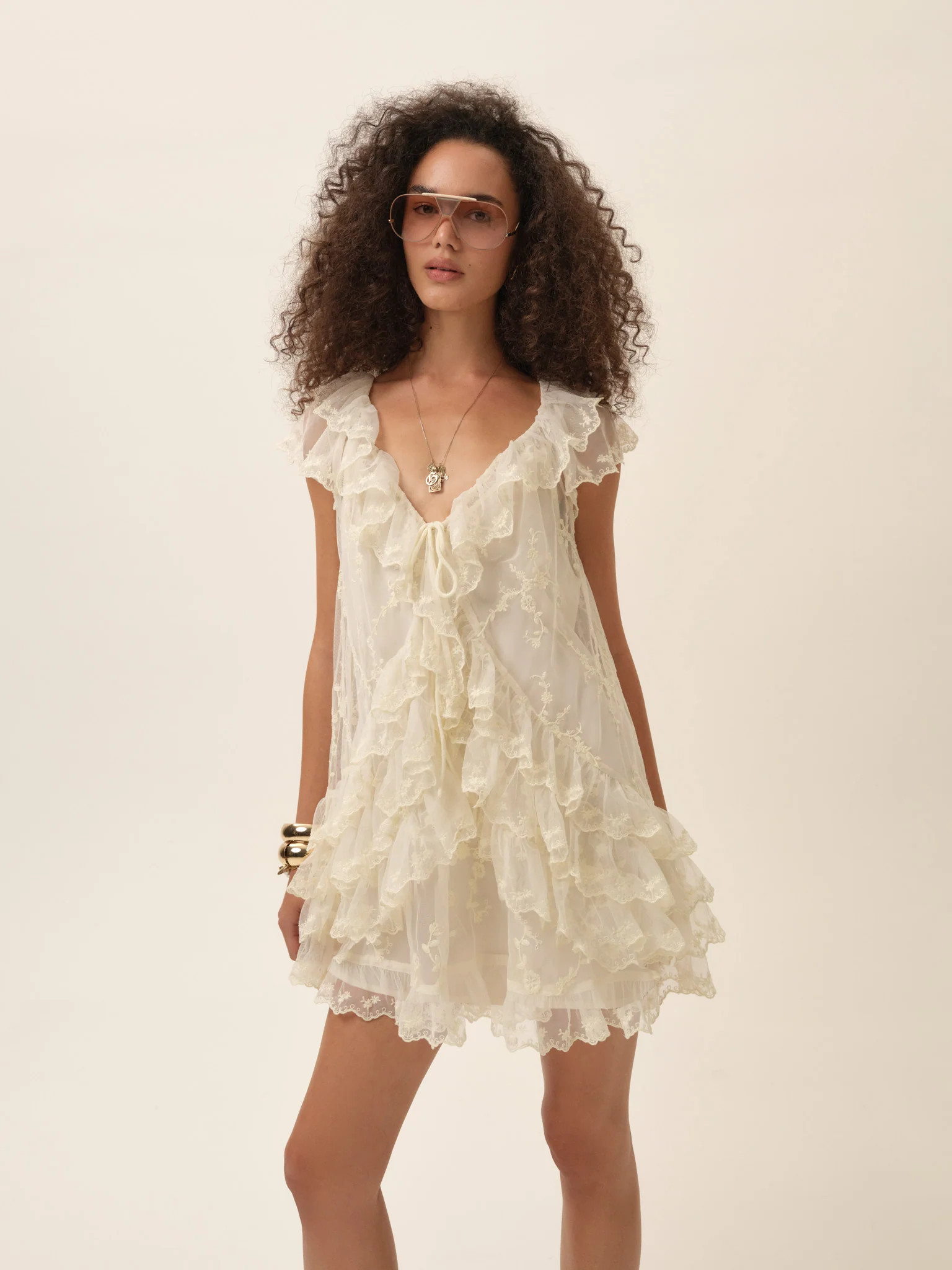 Hudson Mini Dress$349 Select a sizeA cream semi-sheer tulle mini dress featuring a deep V necklin... | For Love & Lemons