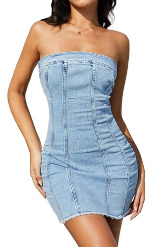 ELLEVEN Strapless Denim Dress for Women Western Mini Jean Dress Bodycon Sexy Summer Dresses for Women 2025 Western Outfit Light Blue Denim X-Small | Amazon (US)