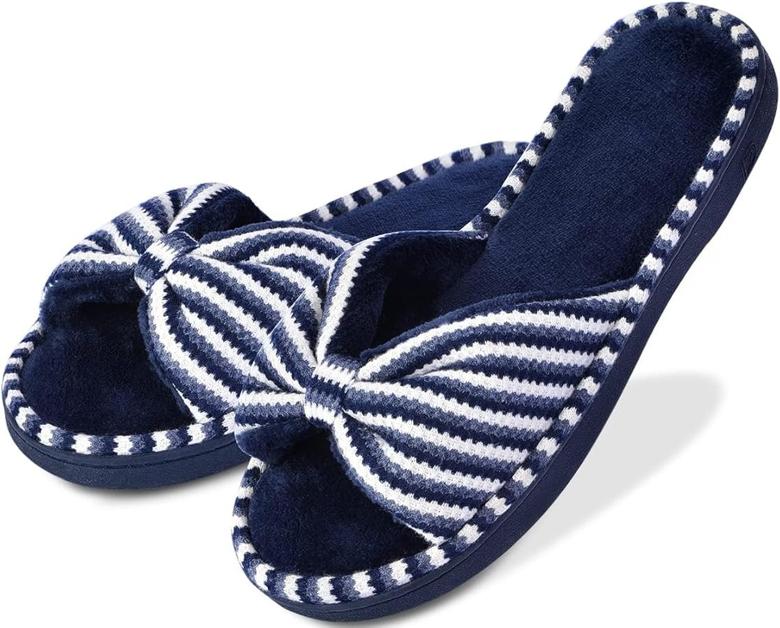 DL Women's Memory Foam Open Toe Slide Slippers with Cute Bow and Cozy Terry Lining, Slip-on House... | Amazon (US)