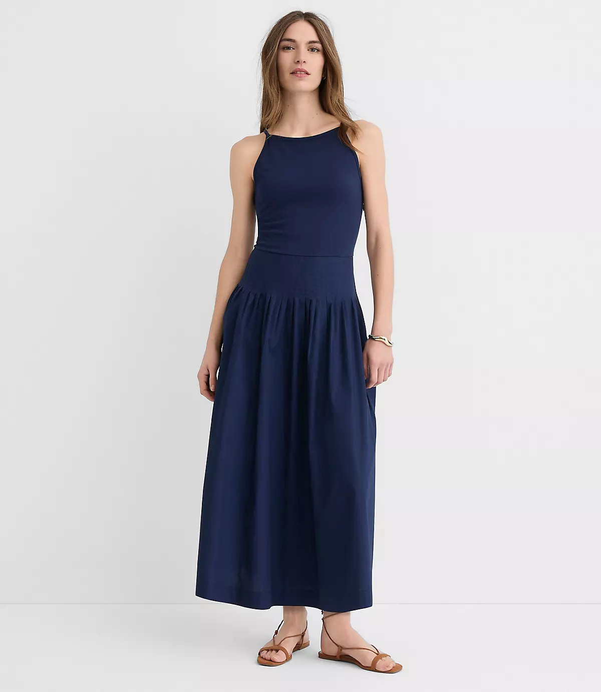 Pleated Mixed Media Midi Halter Dress | LOFT